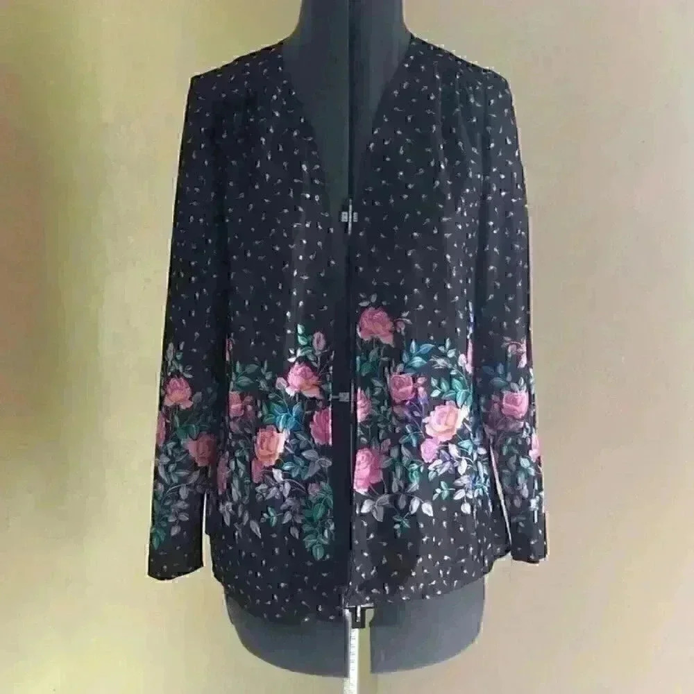 vtg 90s black nylon roses flowers design buttonless shrug long sleeve medium - Picture 4 of 7